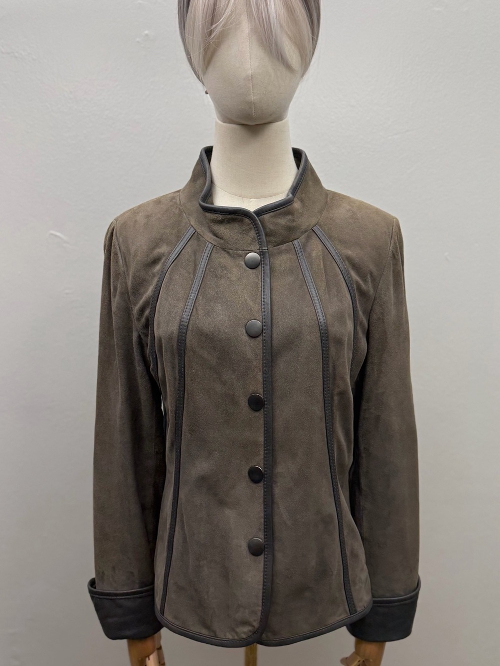 Classiques Entier Atelier 100% Leather Suede Jacket Brown Gray Trim Snap Front M